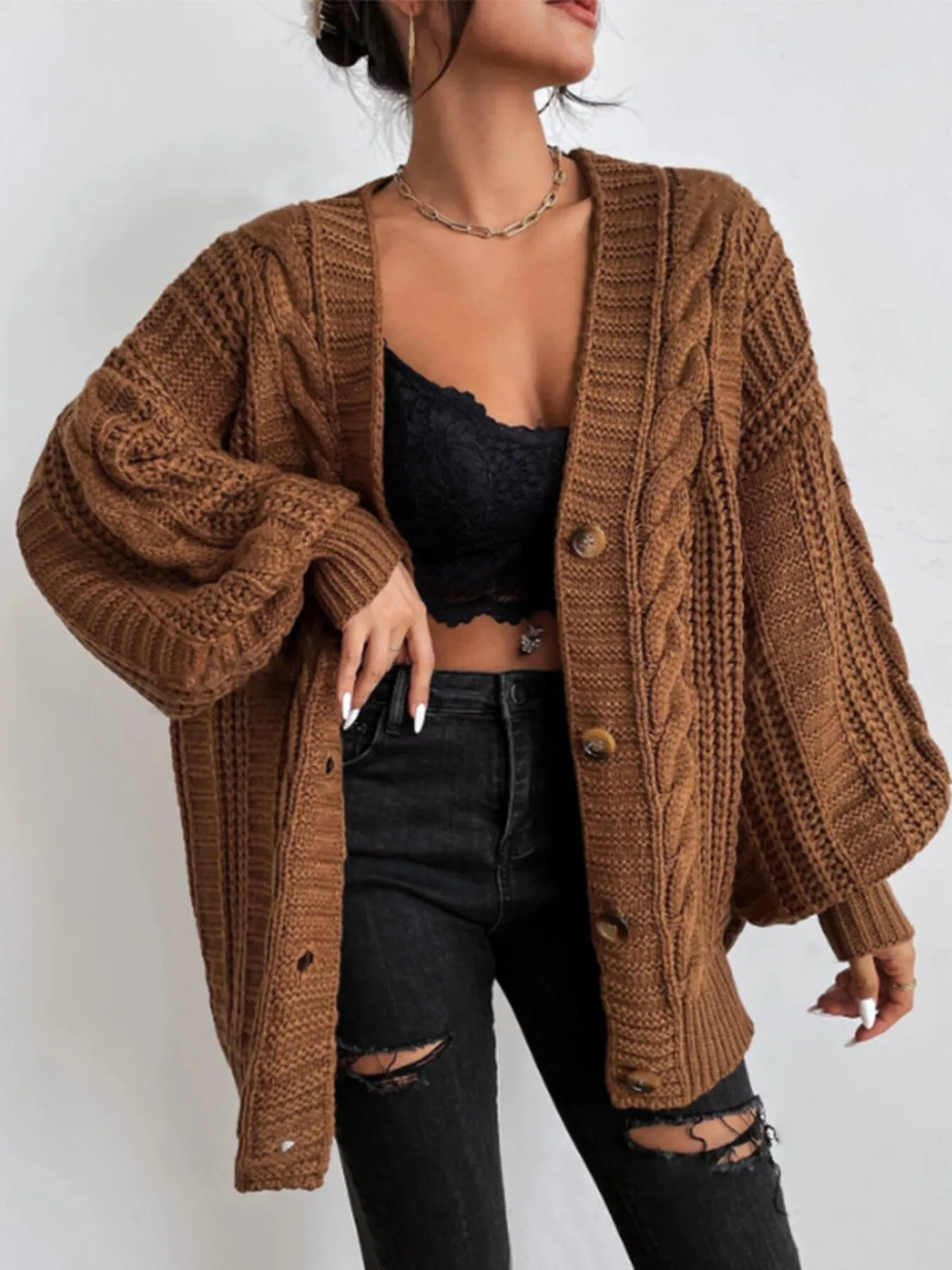 Cable Knit V-Neck Button-Down Cardigan - Lilixa.store