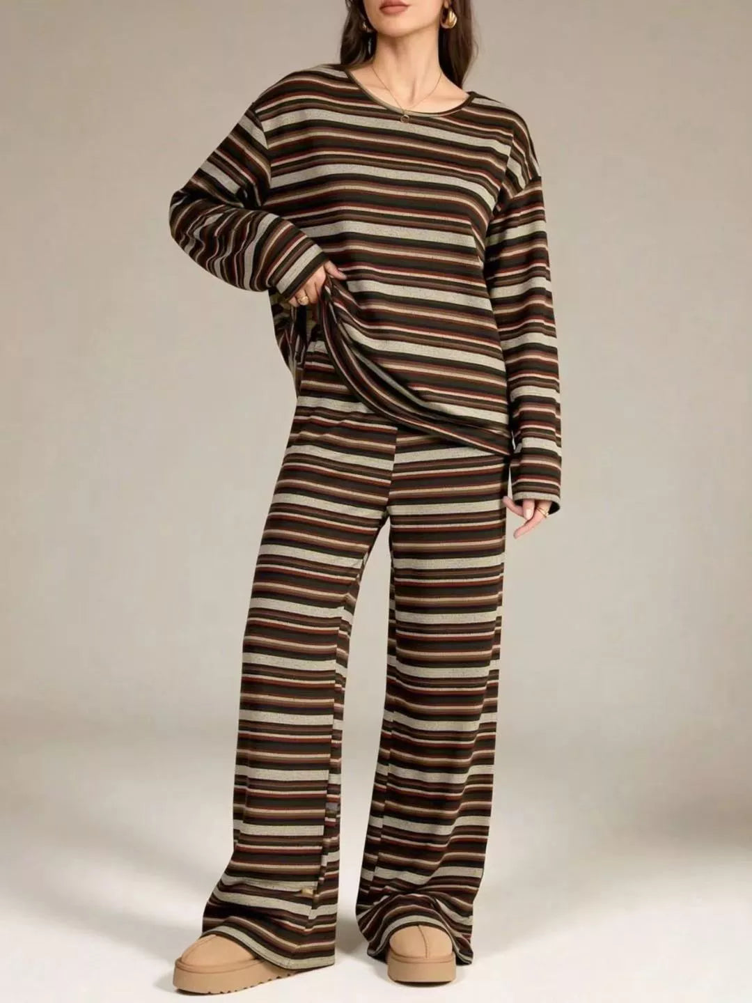 Striped Long-Sleeve Top and Wide-Leg Pants Set - Lilixa.store