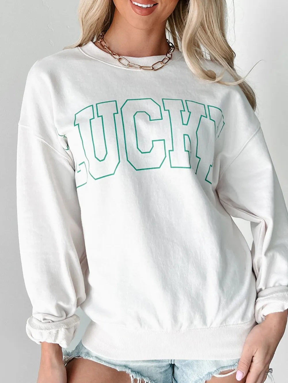 LUCKY Graphic Round Neck Long Sleeve Sweatshirt - Lilixa.store