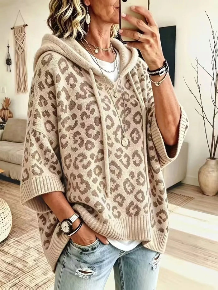 Leopard Print Hooded Knit Sweater in Apricot