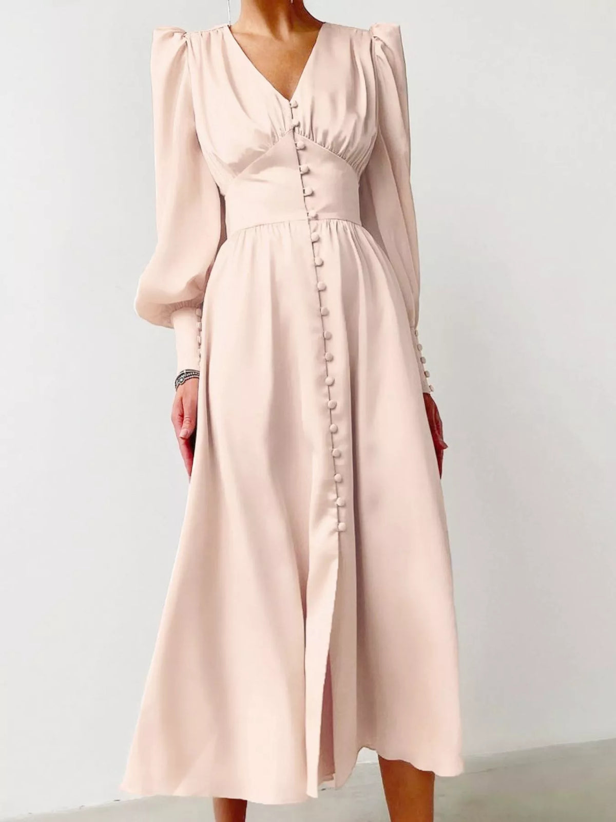 V-Neck Lantern Sleeve Midi Dress in Eggshell