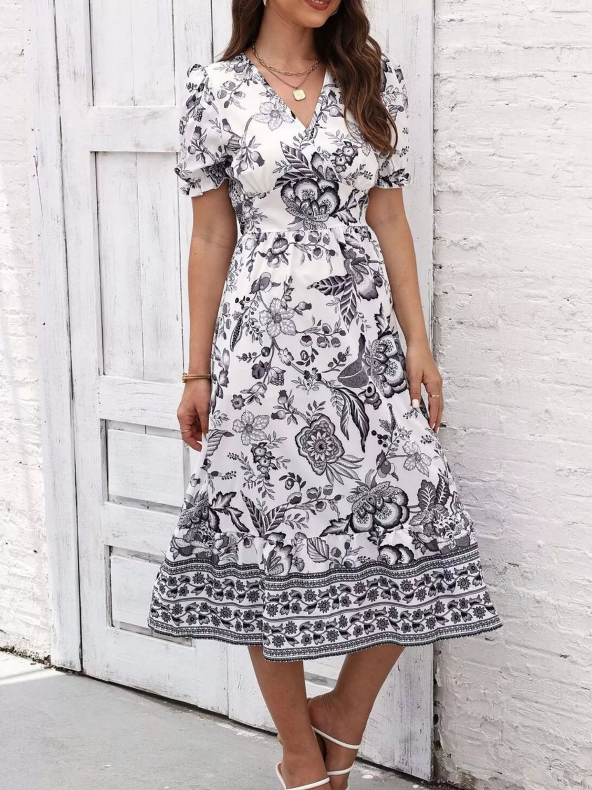 Floral Print Puff Sleeve Wrap Midi Dress