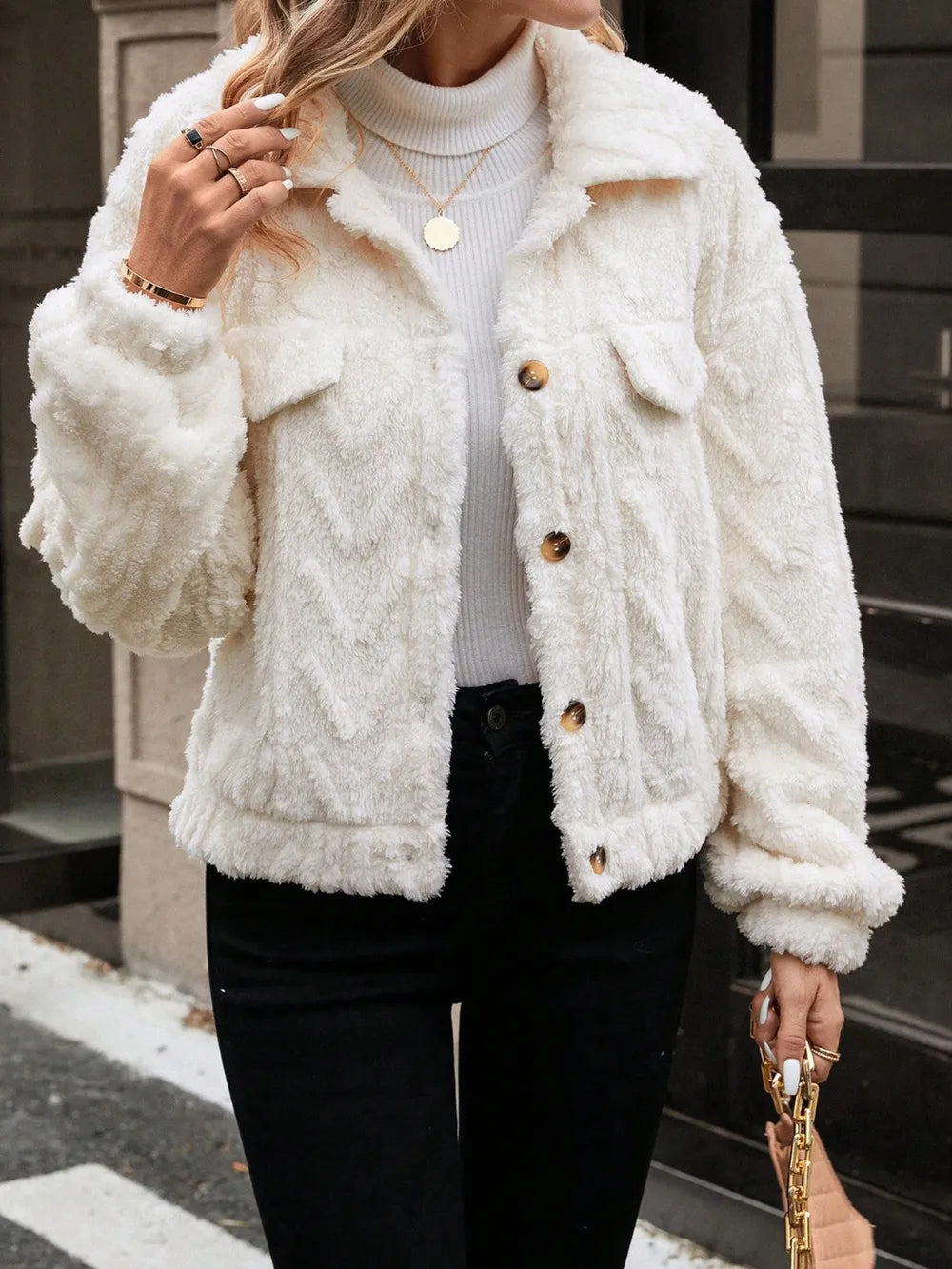 Button Up Long Sleeve Fuzzy Outerwear in Ivory, view 4