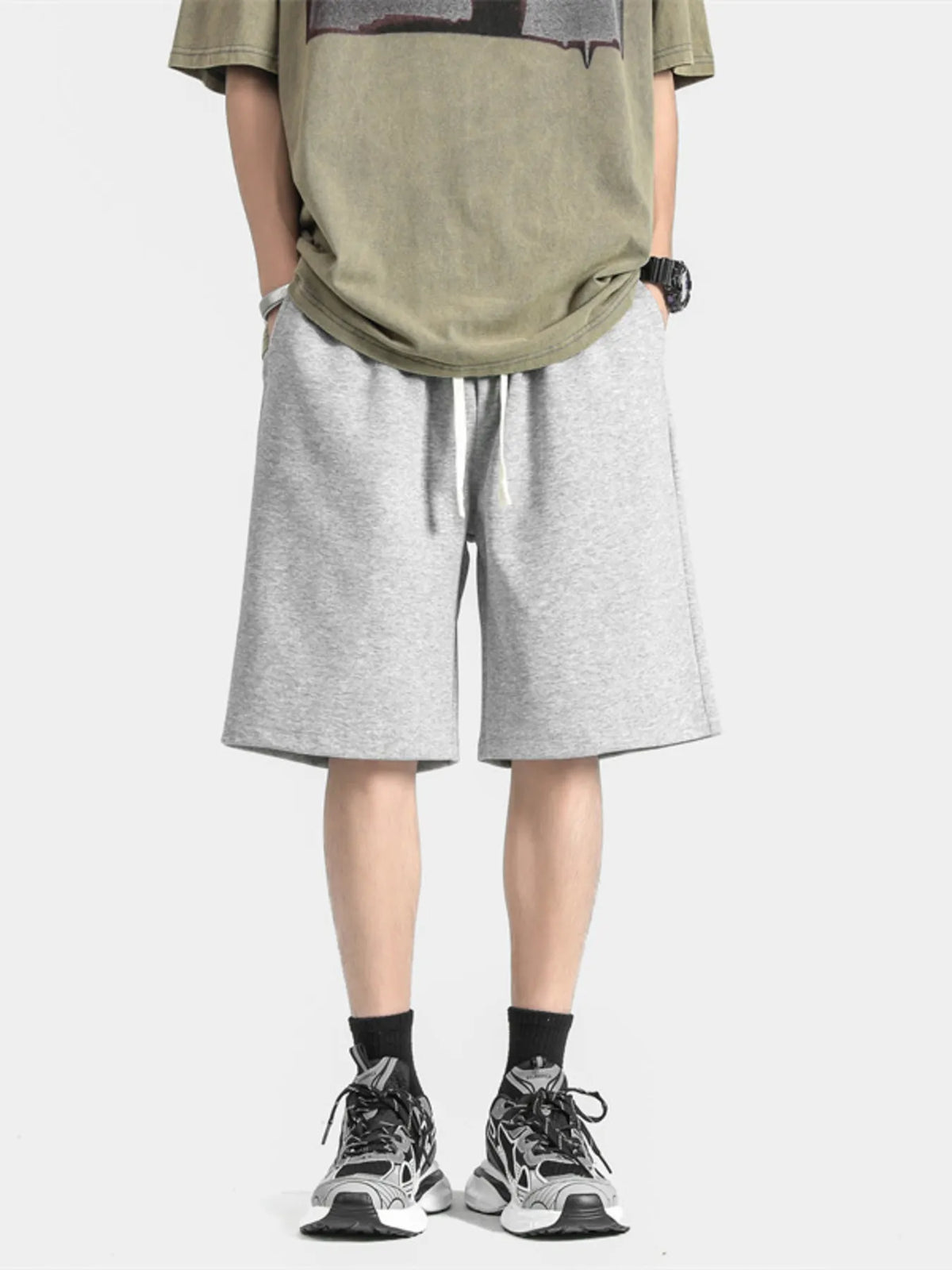 Men's Full Size Casual Loose-Fit Drawstring Shorts Plus Size in Light Gray