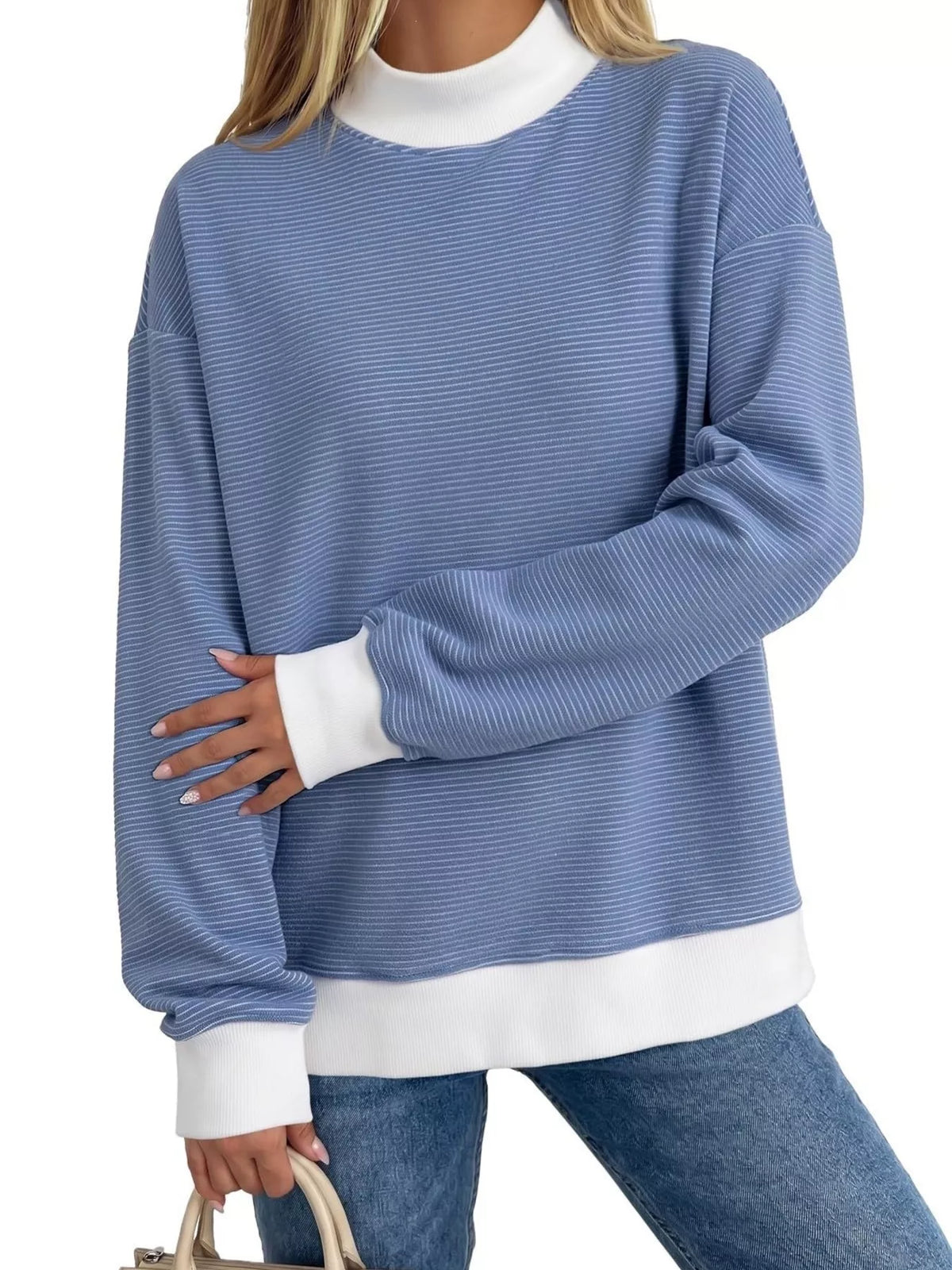 Casual Mock Neck Striped Long Sleeve T-Shirt