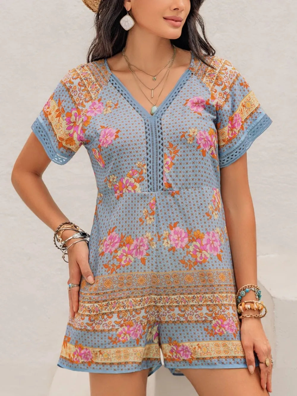 Printed V-Neck Short Sleeve Romper - Lilixa.store