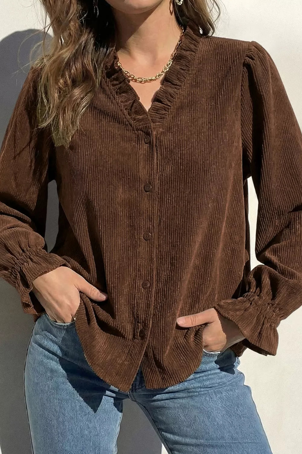 Solid Color Ruffle Trim V Neck Long Sleeve Button Corduroy Shakcet in Dark Brown