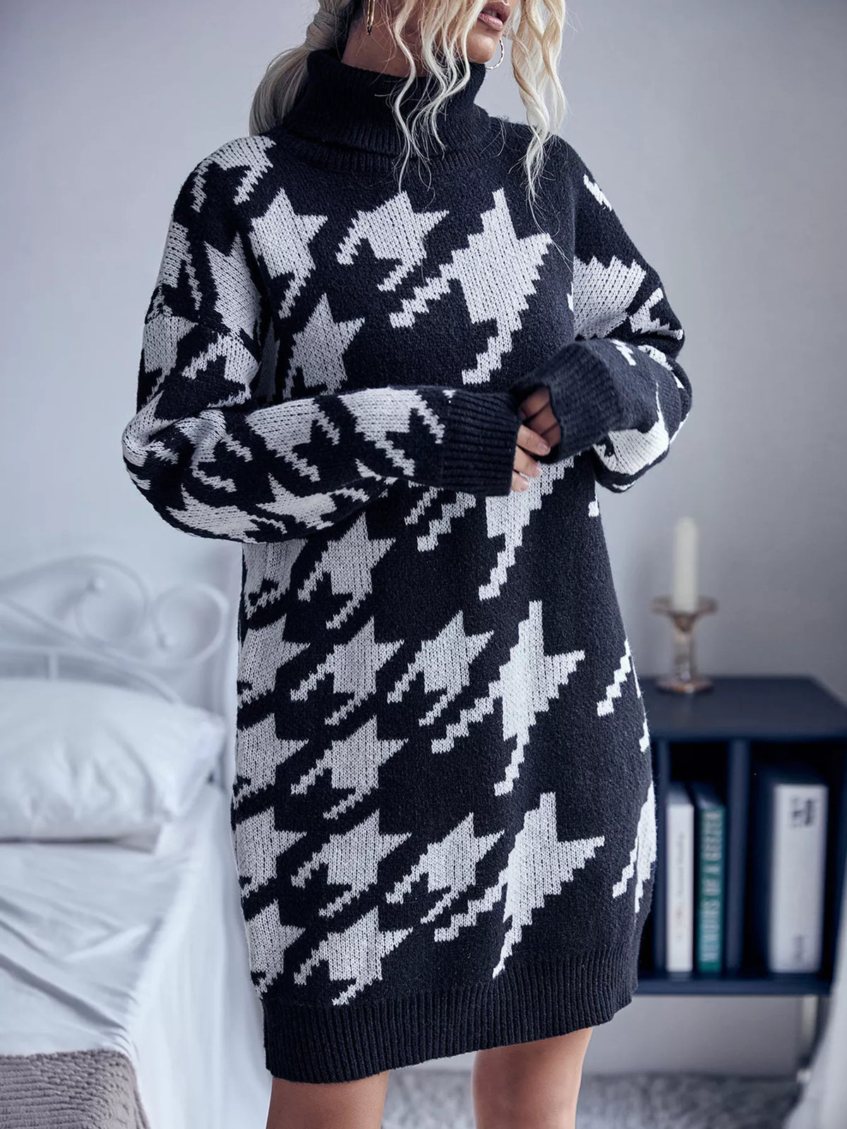 Houndstooth Pattern Turtleneck Sweater Dress in Black, view 6
