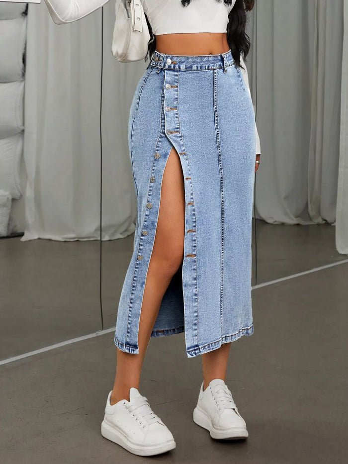 Side Button Slit Denim Midi Skirt - Lilixa.store