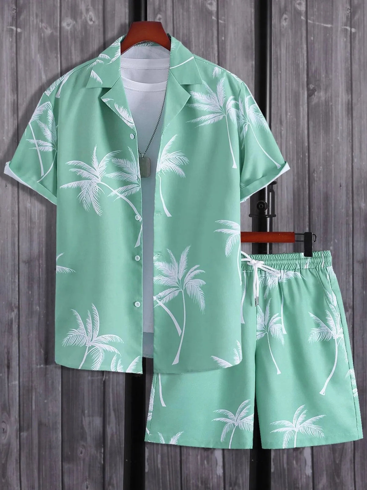 Men's Full Size Palm Print Button Up Shirt and Shorts Set Plus Size in Gum Leaf