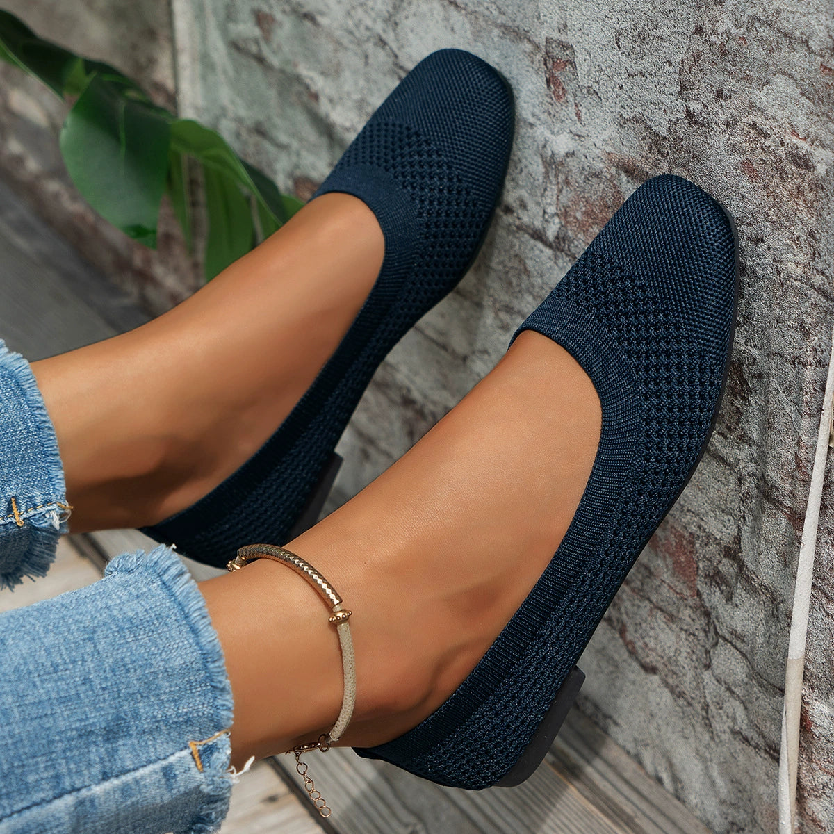 Square Toe Solid Color Mesh Slip-Ons, view 2