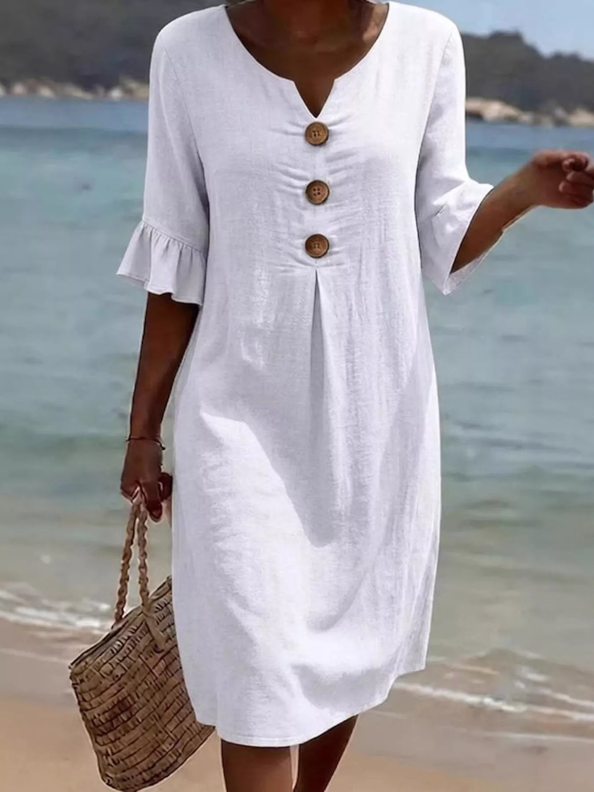 Full Size Decorative Button Ruffle Half Sleeve Dress Plus Size - Lilixa.store