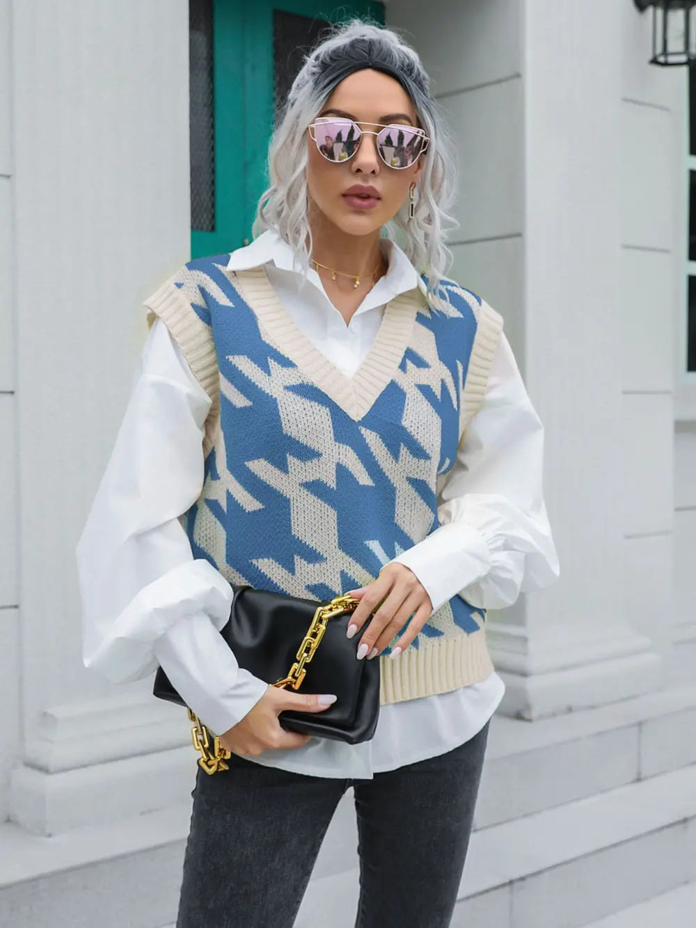 Houndstooth V-Neck Sweater Vest in Azure