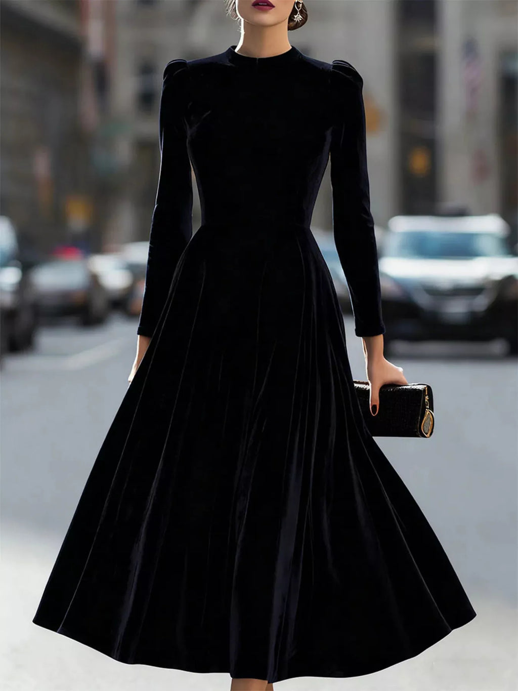 Velvet Long Sleeve A-Line Dress - Lilixa.store