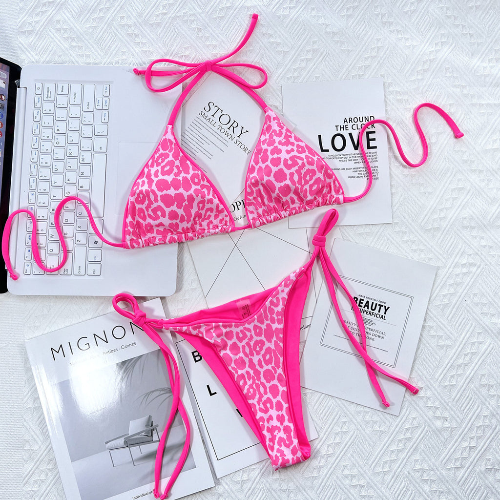 Leopard Print Halter Neck Tie Side Bikini Set - Lilixa.store