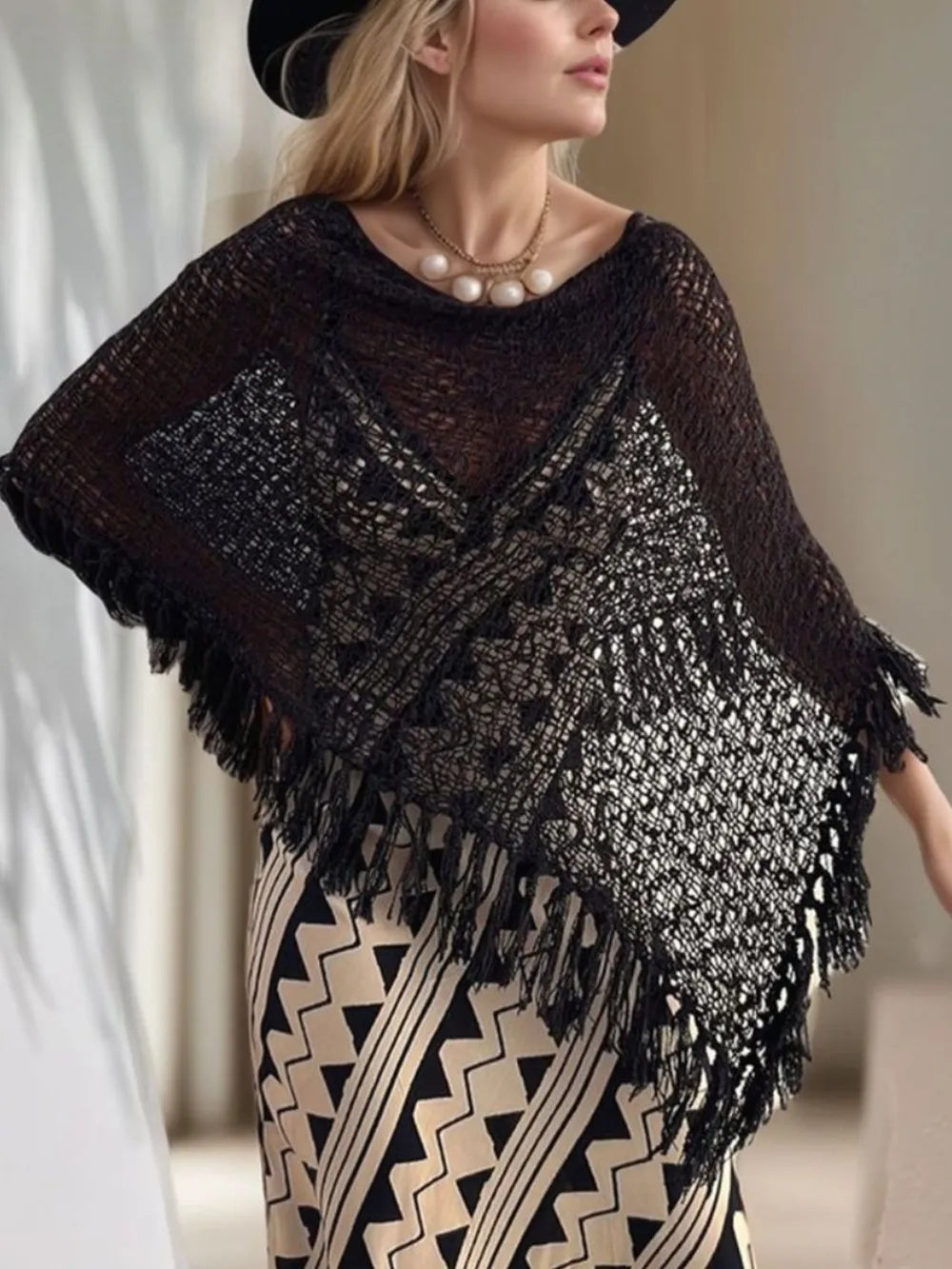 Tassel Boat Neck Knit Shawl - Lilixa.store