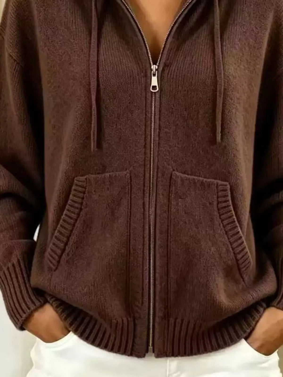 Zip-Up Hooded Knit Cardigan - Lilixa.store