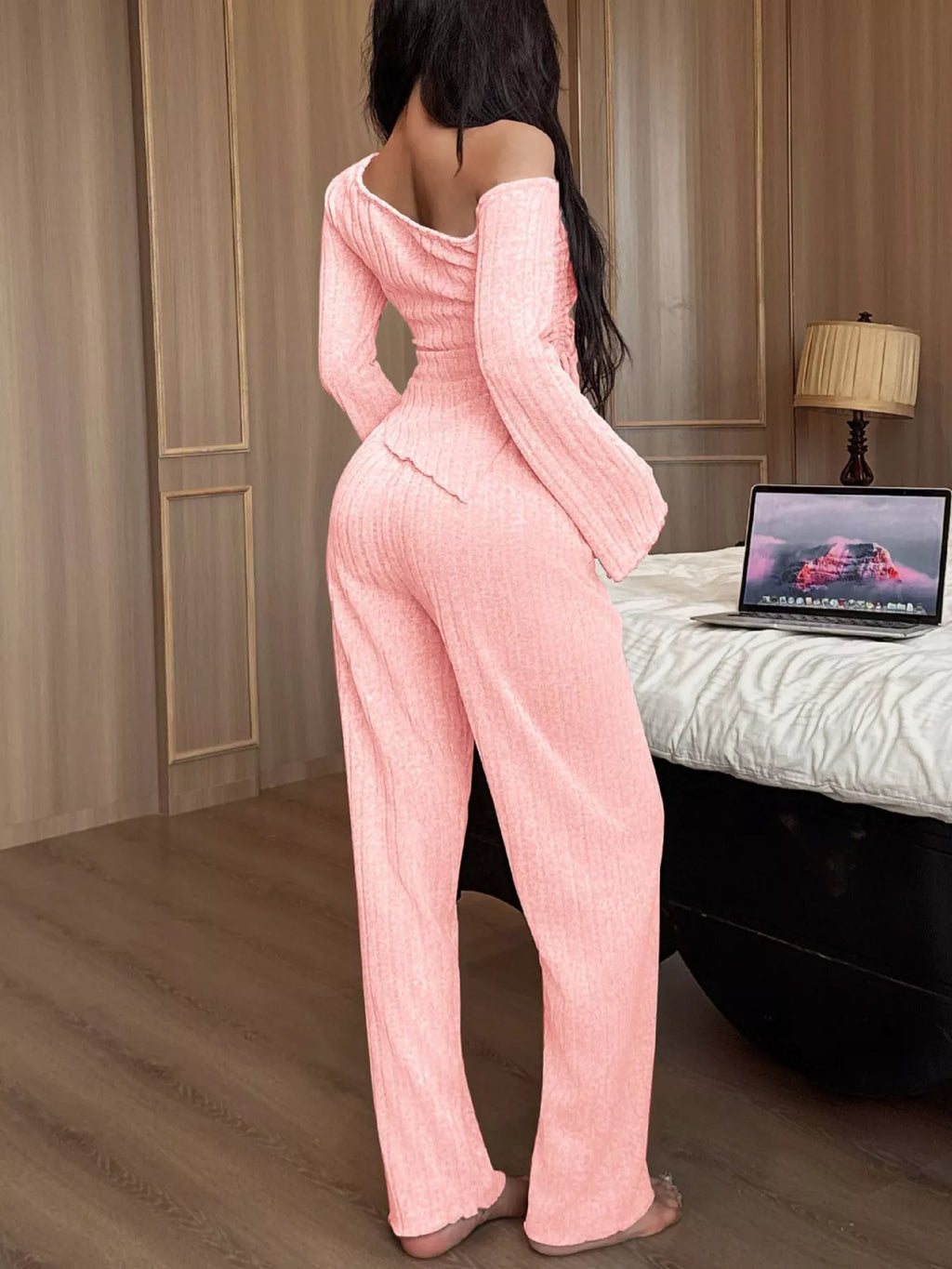 One-Shoulder Ribbed Knit Top and Pants Set - Lilixa.store