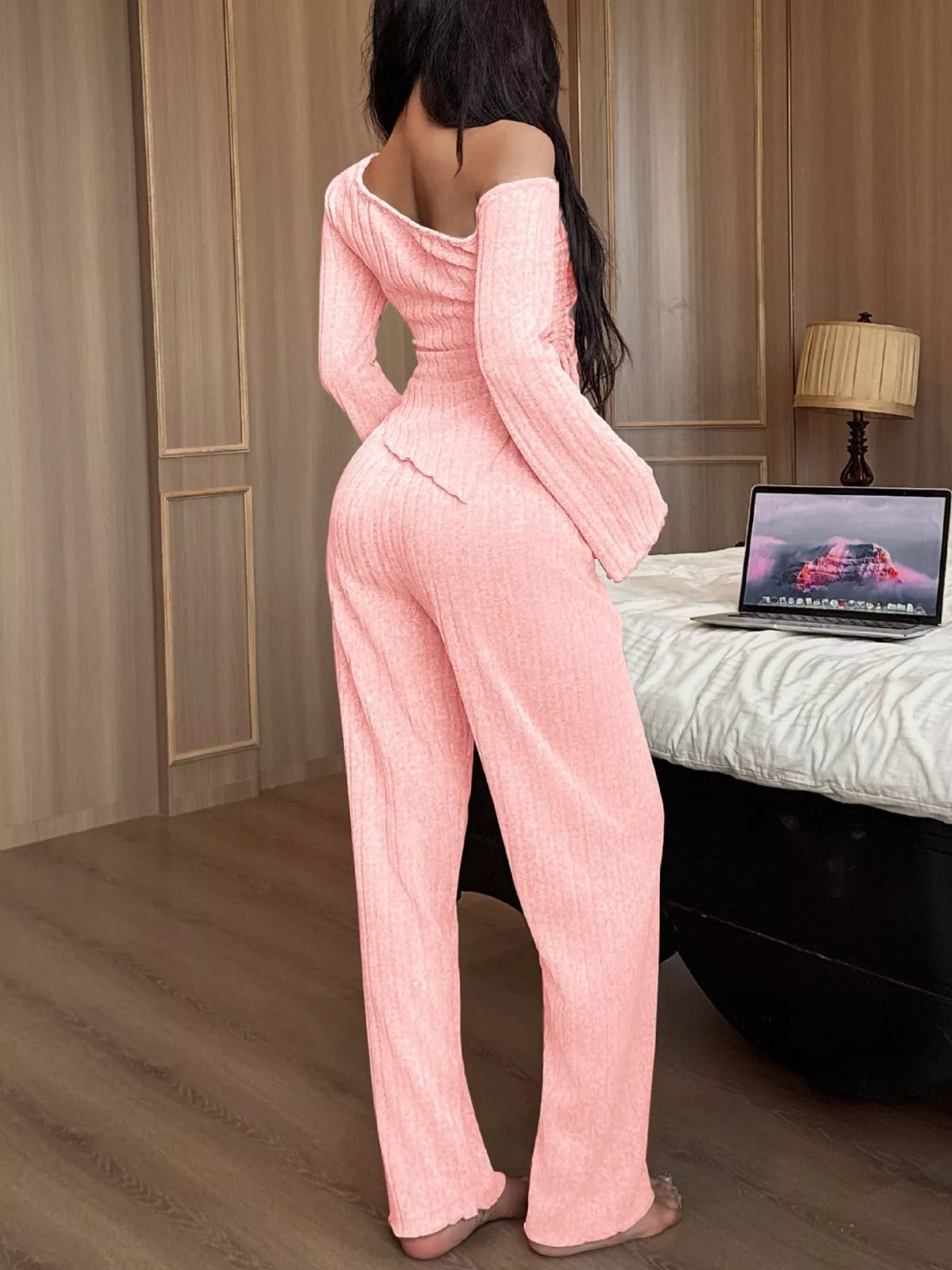 One-Shoulder Ribbed Knit Top and Pants Set - Lilixa.store