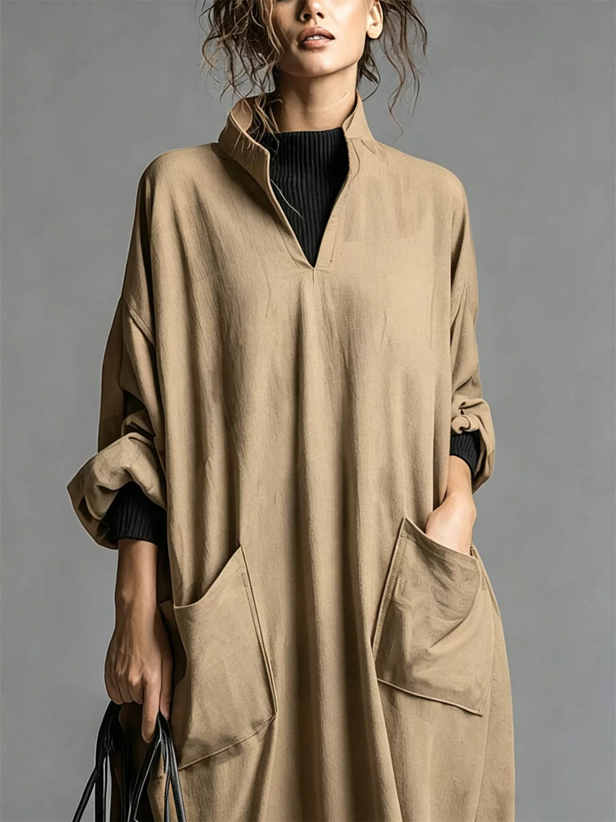 Full Size Loose-Fit Mock Neck Midi Dress with Pockets Plus Size - Lilixa.store