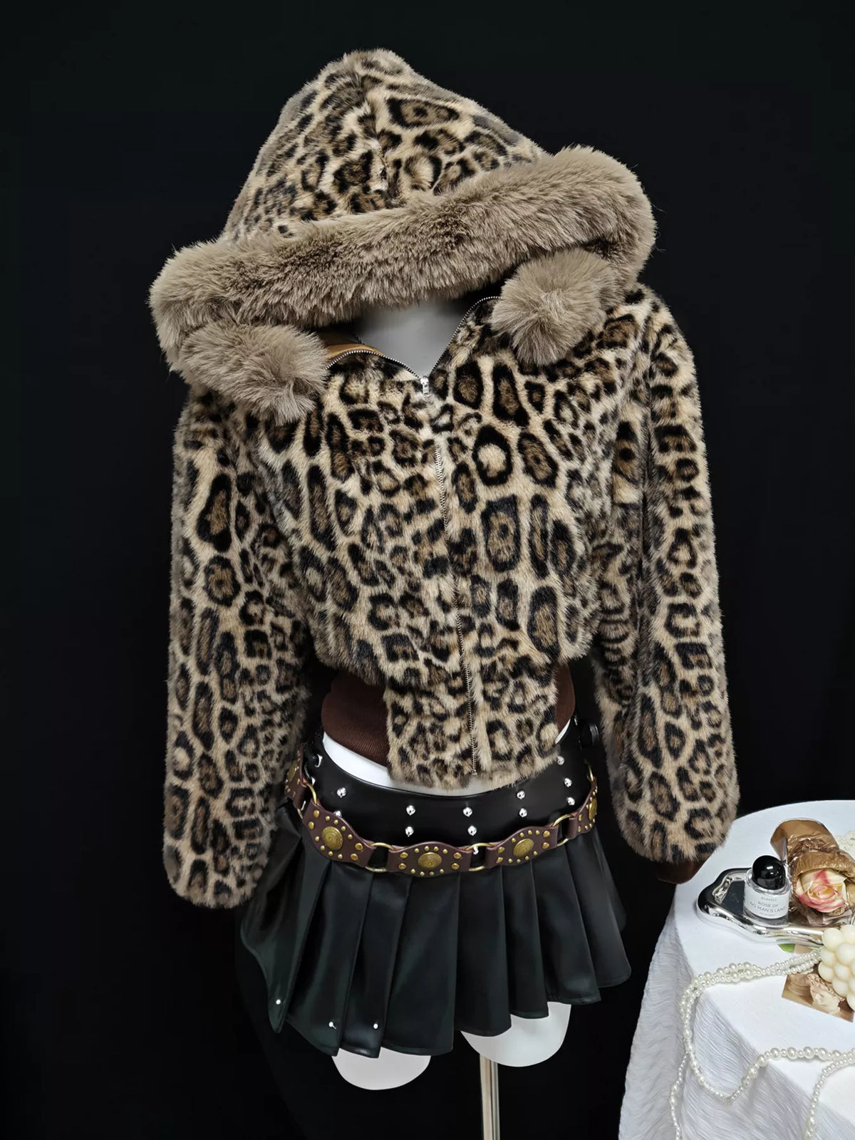 Leopard Faux Fur Hooded Outerwear in Brown