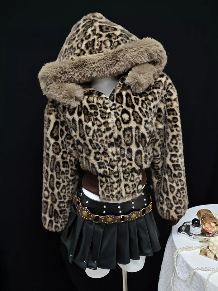 Leopard Faux Fur Hooded Outerwear in Brown