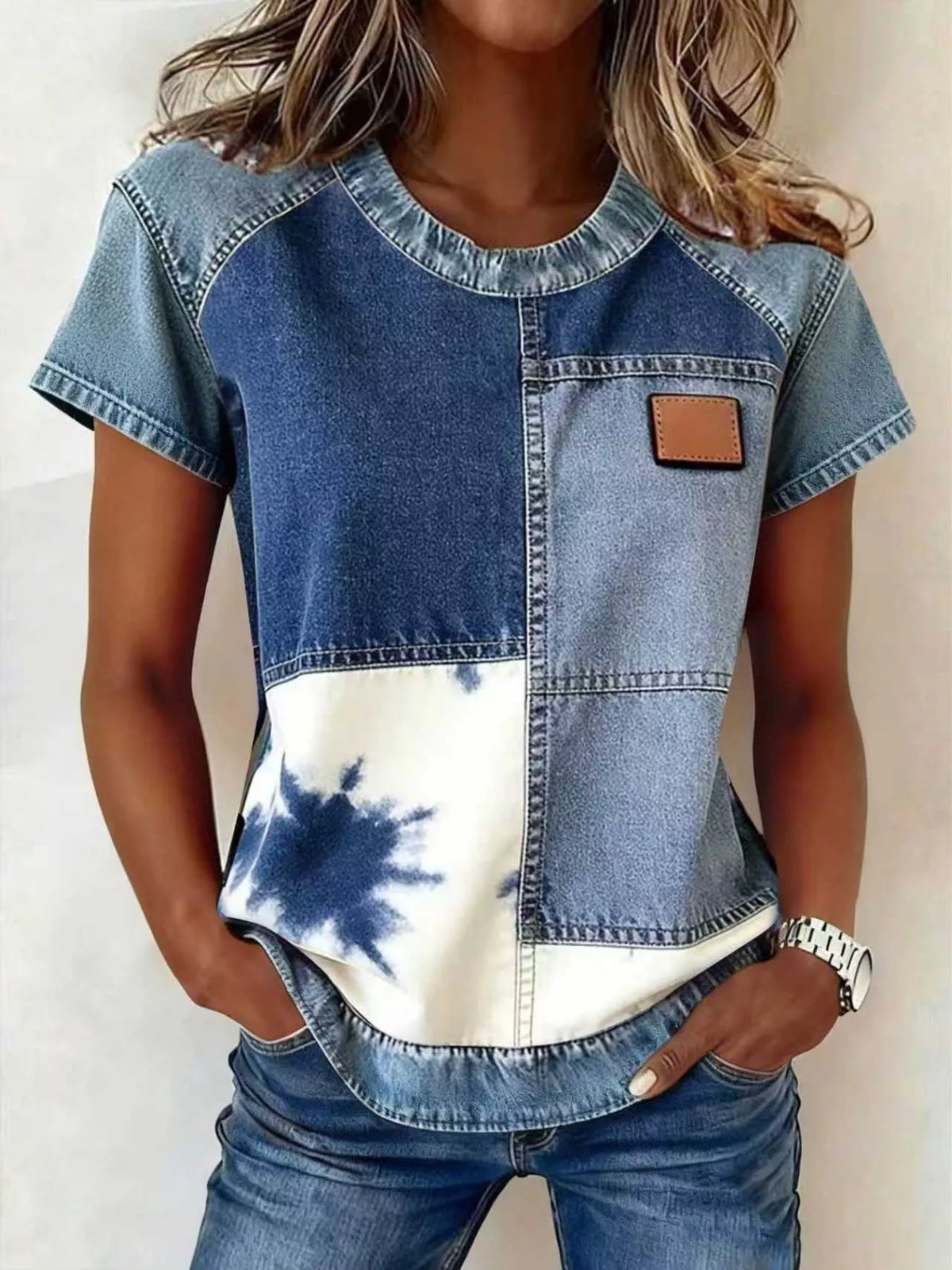 Denim Patchwork Short Sleeve Blouse - Lilixa.store