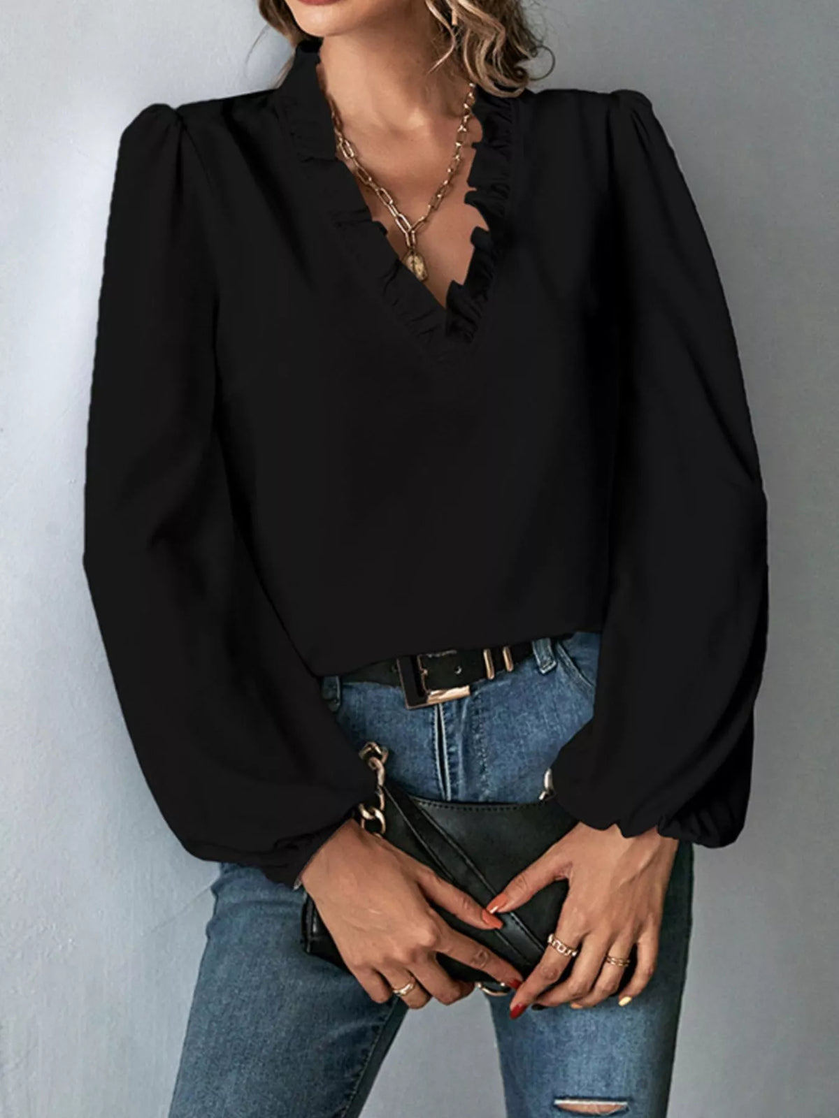 Ruffled Trim V-Neck Blouse - Lilixa.store