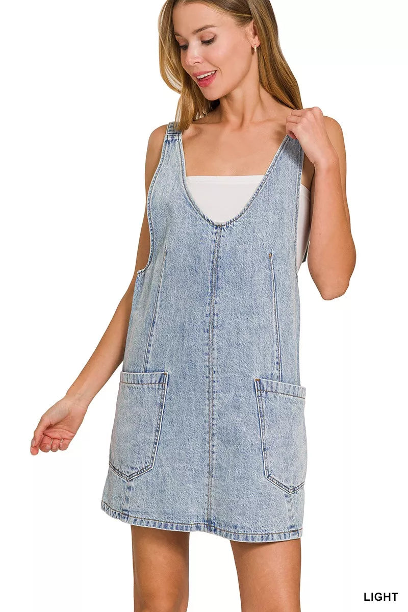 Zenana Denim Overall Dress with Front Pockets, view 3