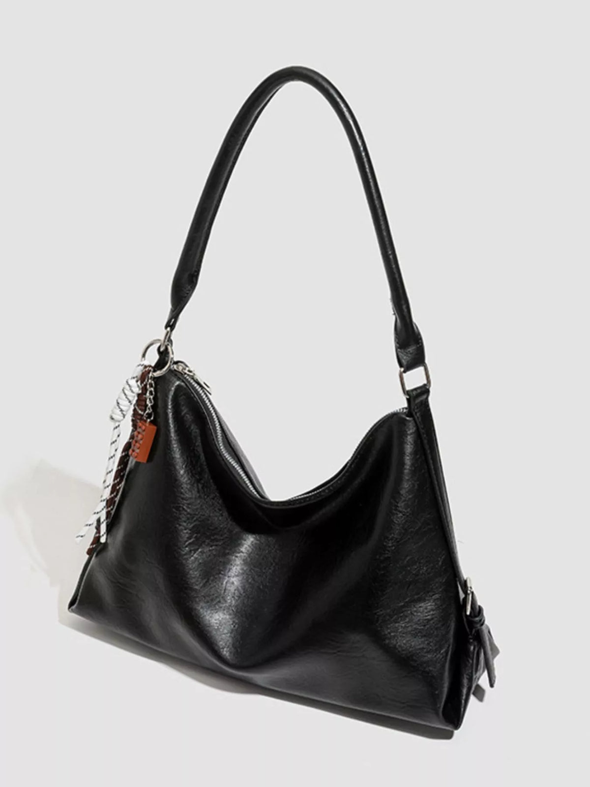 PU Leather Shoulder Bag with Decorative Charm in Black, view 3