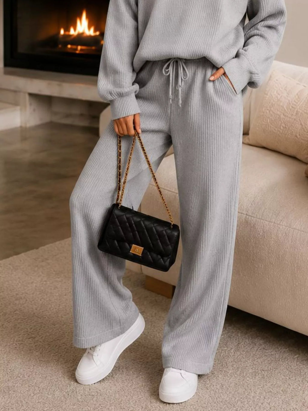 Ribbed Knit Quarter-Zip Top and Wide-Leg Pants Set - Lilixa.store