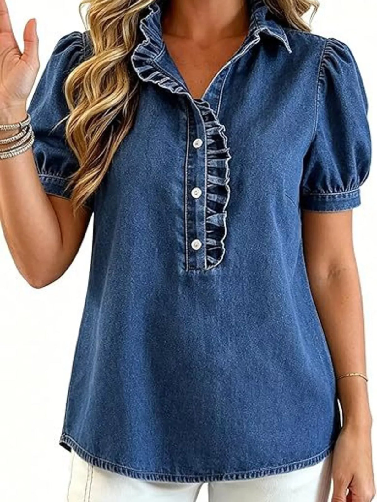 Frill Puff Sleeve Denim Top - Lilixa.store