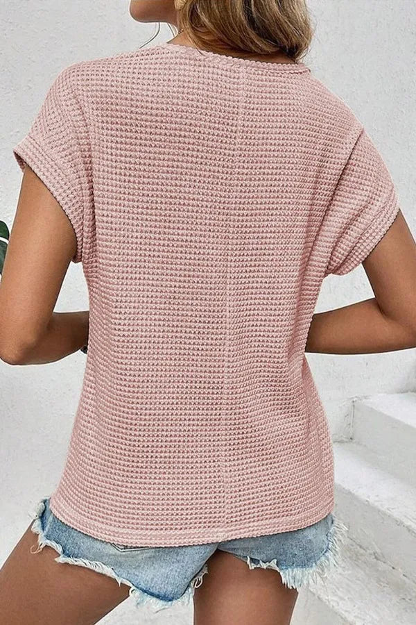 Lace Patchwork Waffle Short Sleeve Knit Top - Lilixa.store