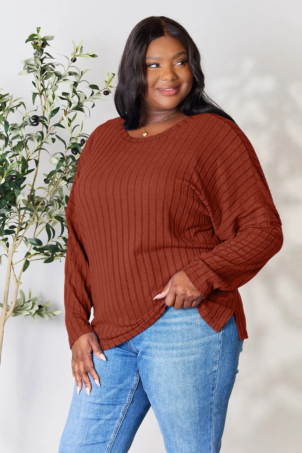 Basic Bae Full Size Ribbed Round Neck Slit Knit Top - Lilixa.store