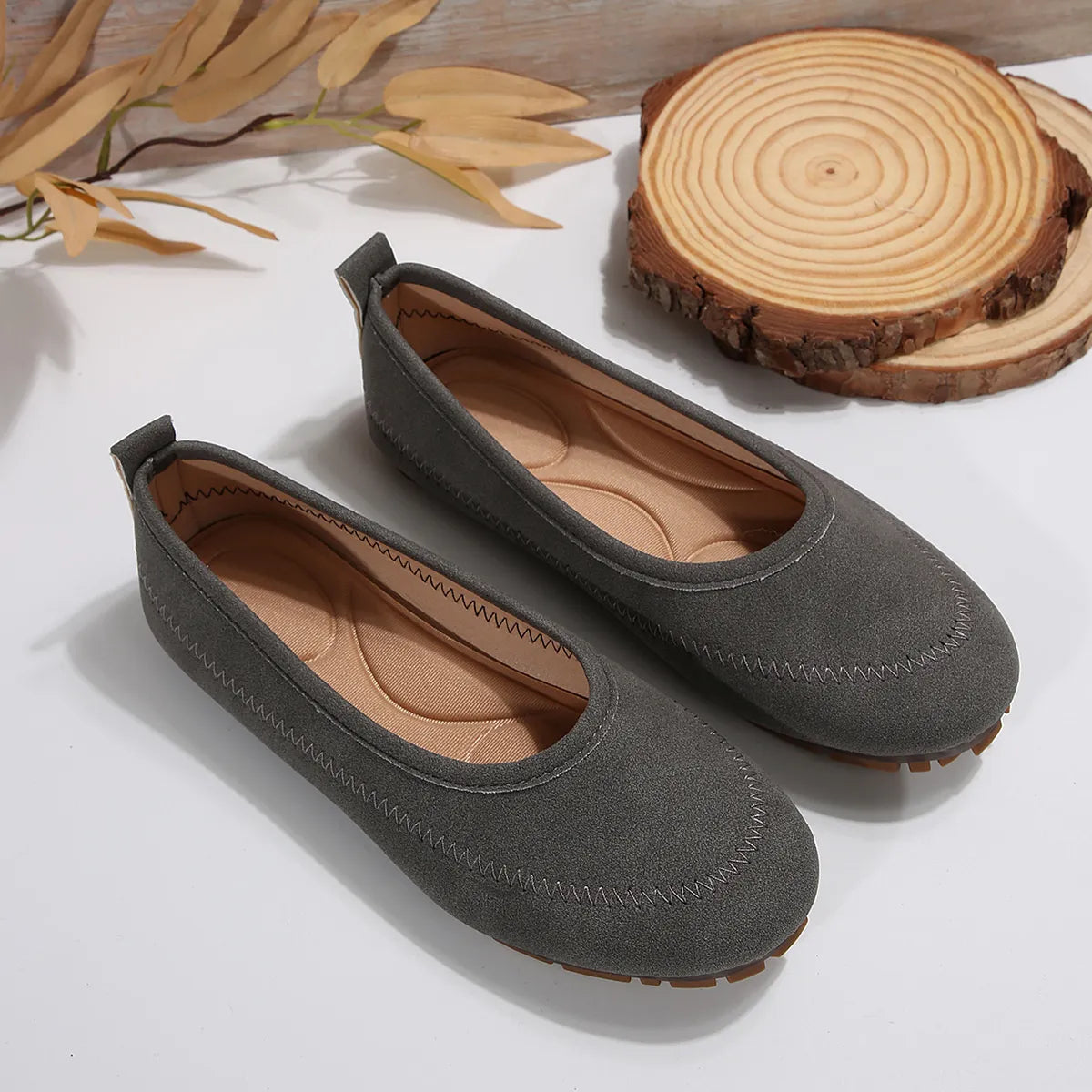 Round Toe Flat Slip-Ons in Gray