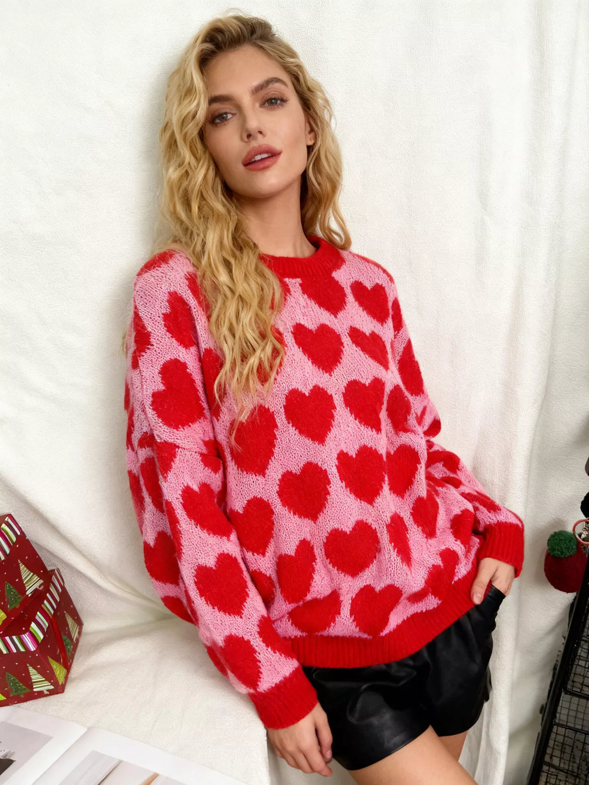 Heart Pattern Dropped Shoulder Sweater, view 3