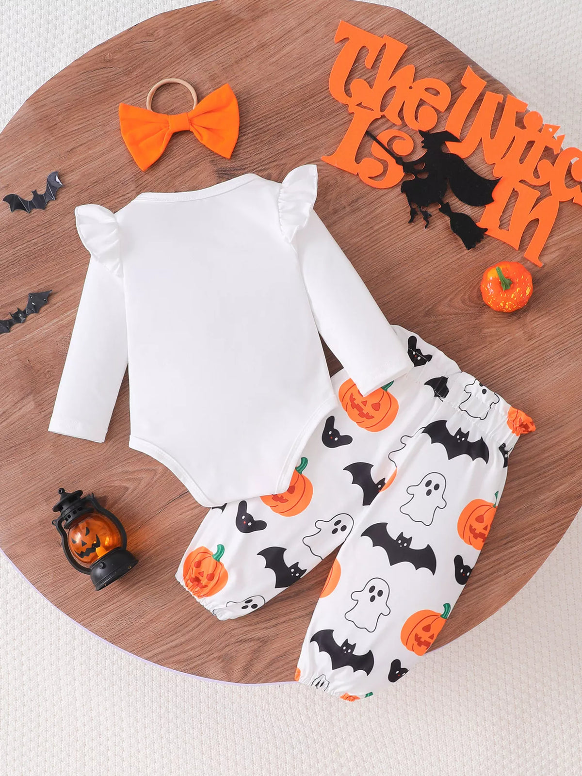 Children's Halloween Skull Print Long Sleeve Bodysuit and Pants Set with Bow Headband - Lilixa.store