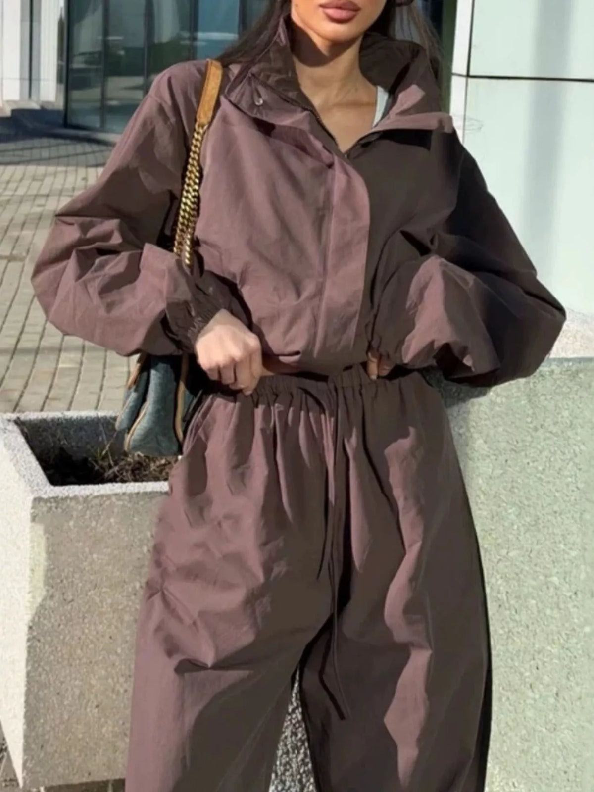 Drawstring Hem Crop Jacket and Wide-Leg Pant Set in Brown