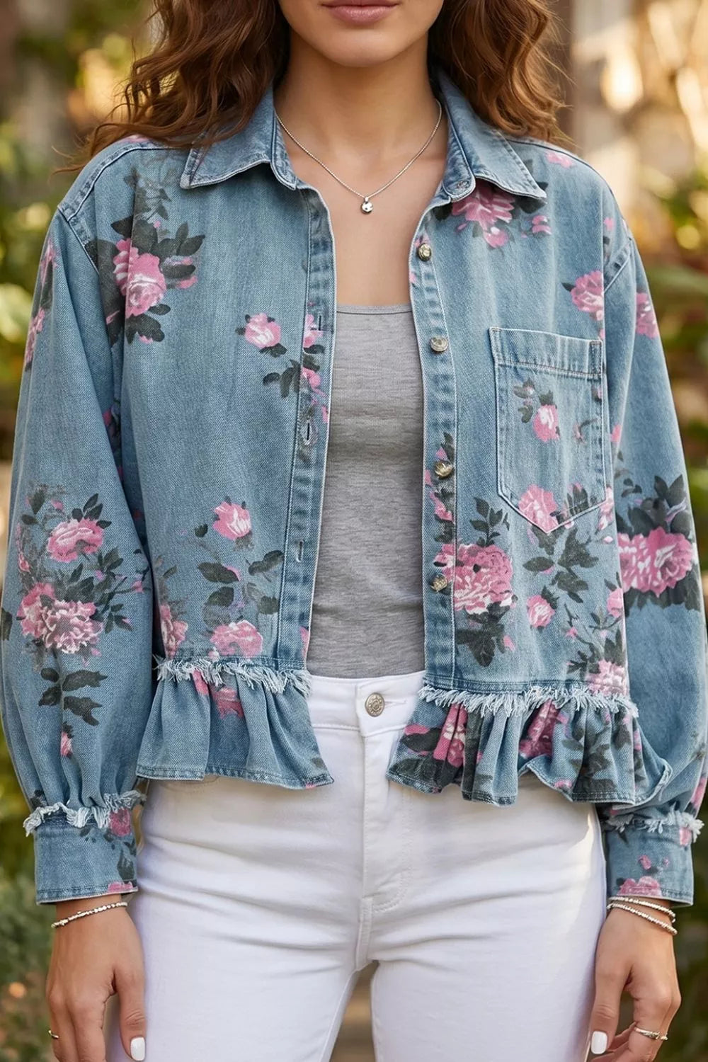 Floral Print Denim Jacket with Ruffled Hem in Light Blue, view 5
