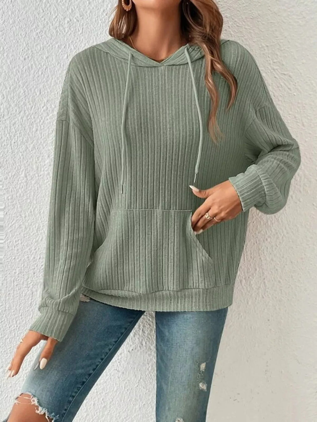 Ribbed Knit Long Sleeve Hoodie - Lilixa.store