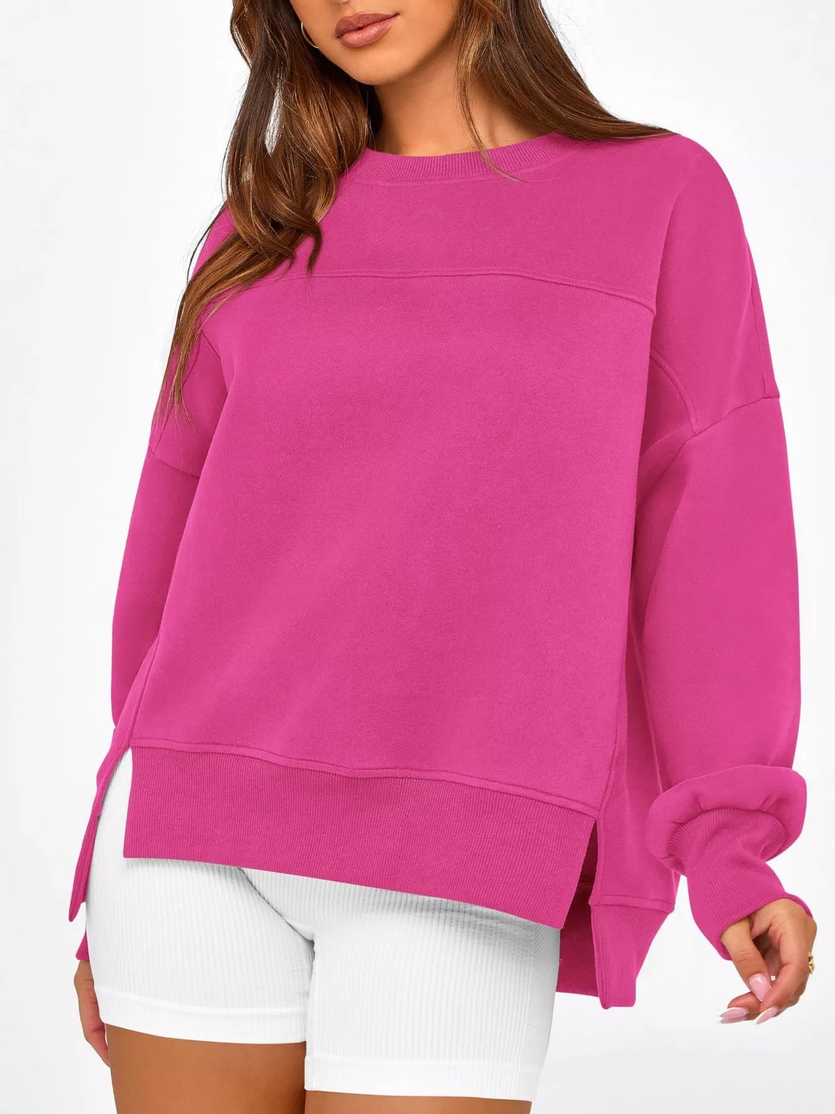 Slit Round Neck Dropped Shoulder Sweatshirt - Lilixa.store