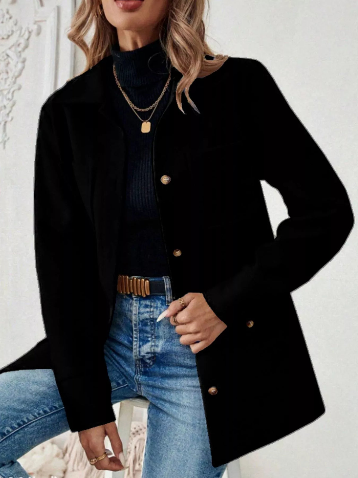 Button-Front Pocketed Long Sleeve Outerwear, view 5