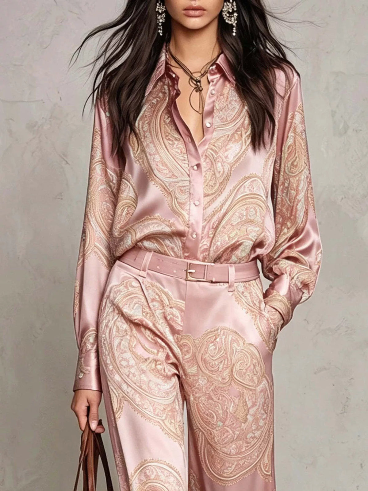 Paisley Print Long Sleeve Shirt and Wide-Leg Pants Set