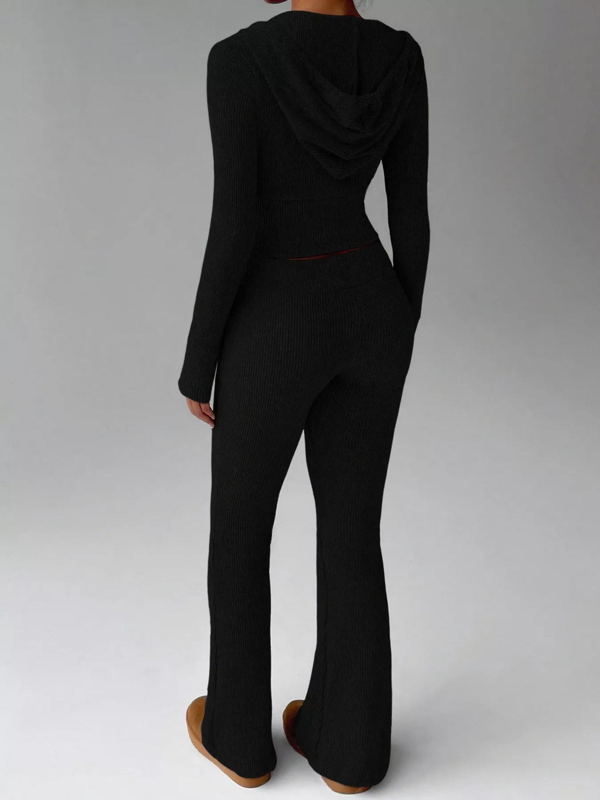 Ribbed Knit Zip-Up Hooded Top and Flared Pants Set