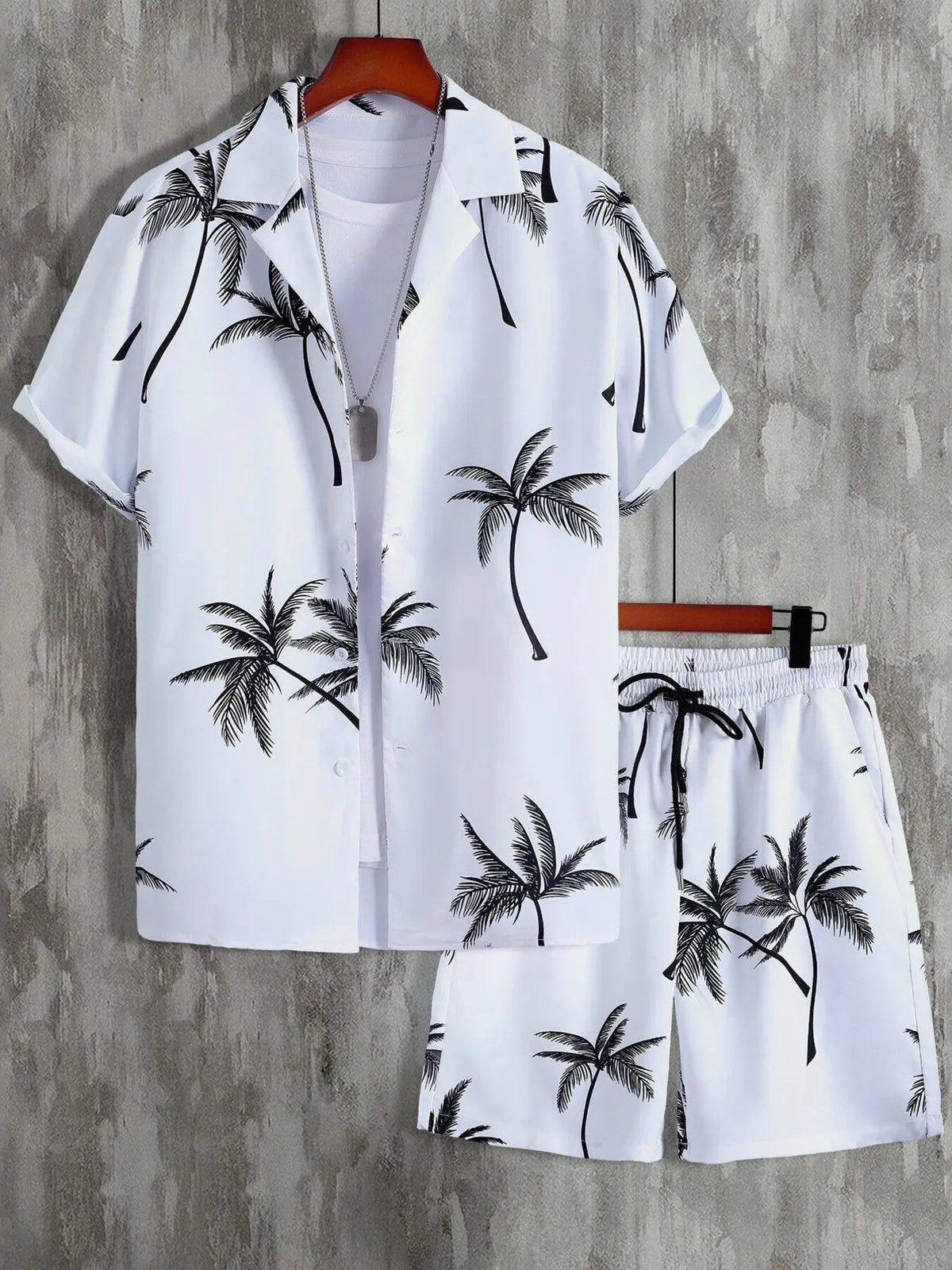 Men's Full Size Palm Print Button Up Shirt and Shorts Set Plus Size in White