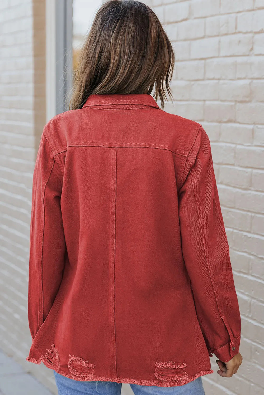 Distressed Raw Hem Snap Down Denim Jacket, view 5