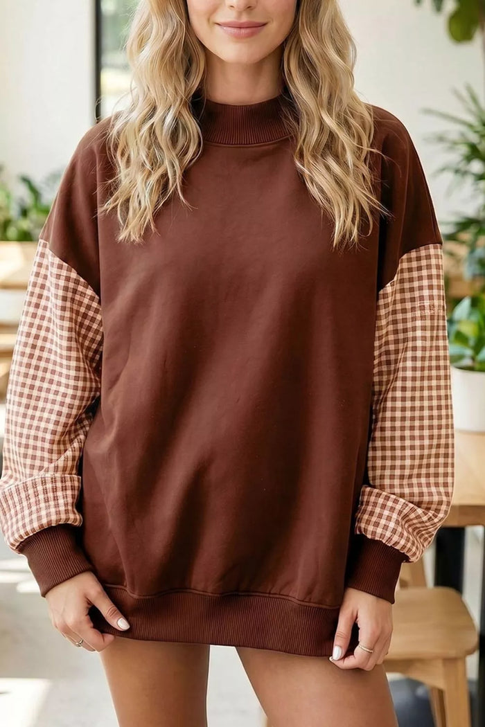 Plaid Sleeve Colorblock Loose Tunic Sweatshirt in Dark Brown