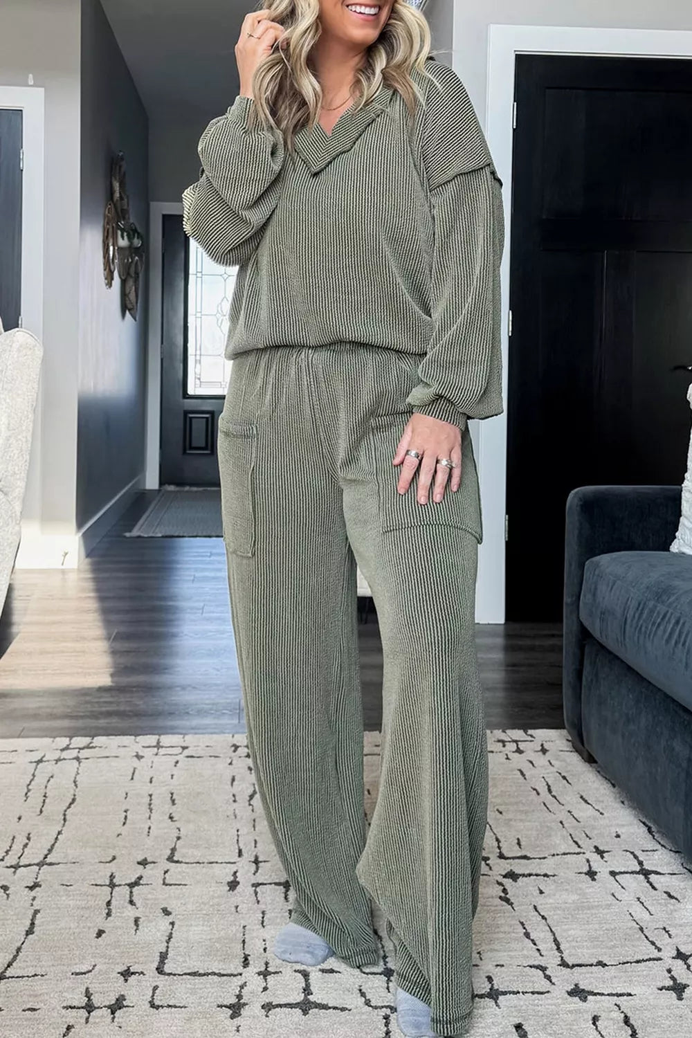 Plus Size Twisted Ribbed Exposed Seam Detail V Neck Top and Pants Set - Lilixa.store