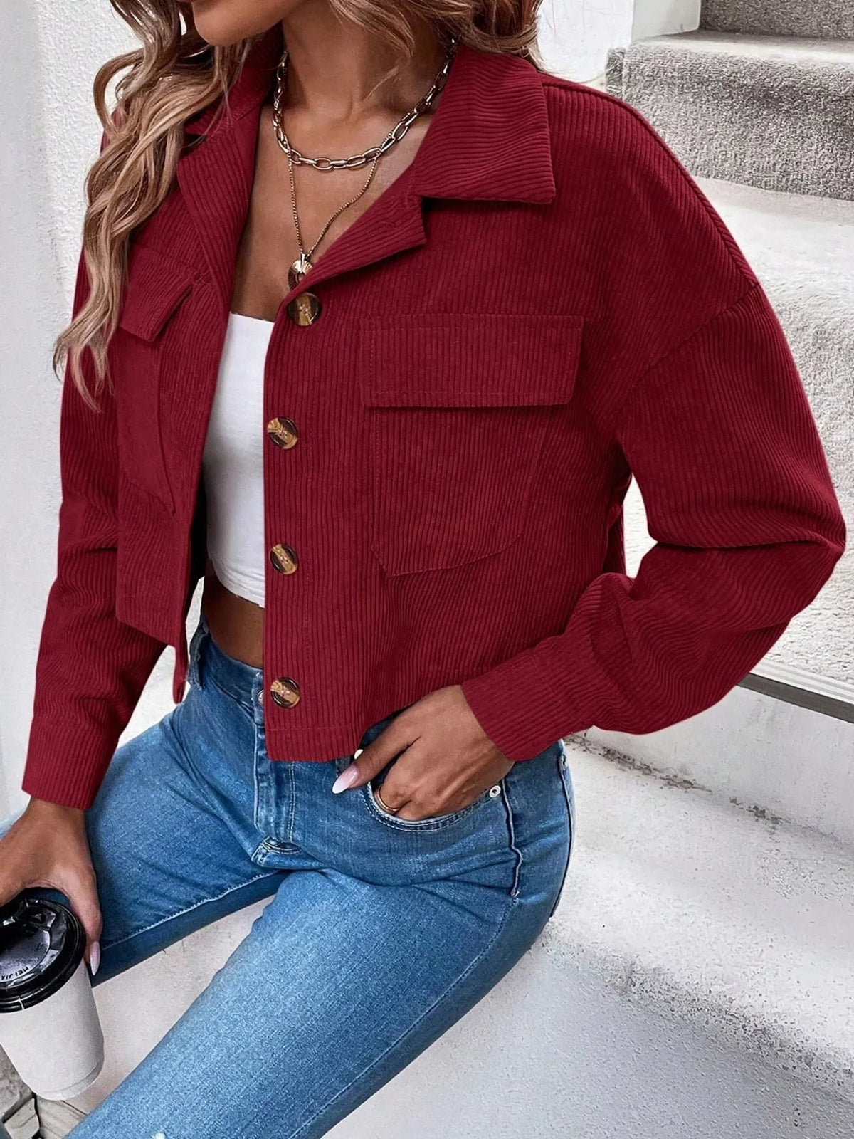 Cropped Corduroy Button-Down Jacket