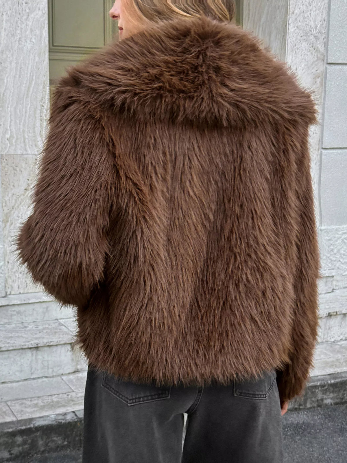 Open Front Faux Fur Cropped Jacket in Brown, view 4